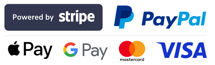 Powered by Stripe and Paypal. Payments accepted by Visa, Mastercard, Apple Pay and Google Pay